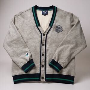 VTG Triple Fat Goose Varsity Cardigan Mens Med Gray Green Navy Crest Logo 90s